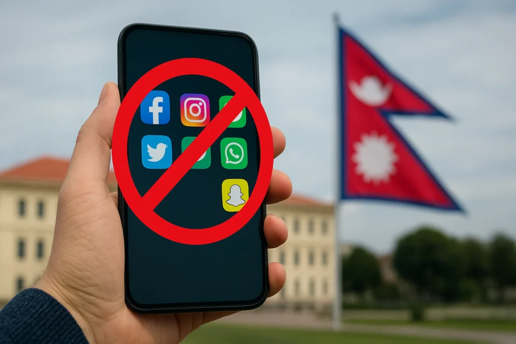 Smartphone showing banned social media apps with a red prohibition sign in front of Nepal flag, symbolizing Nepal bans social media platforms