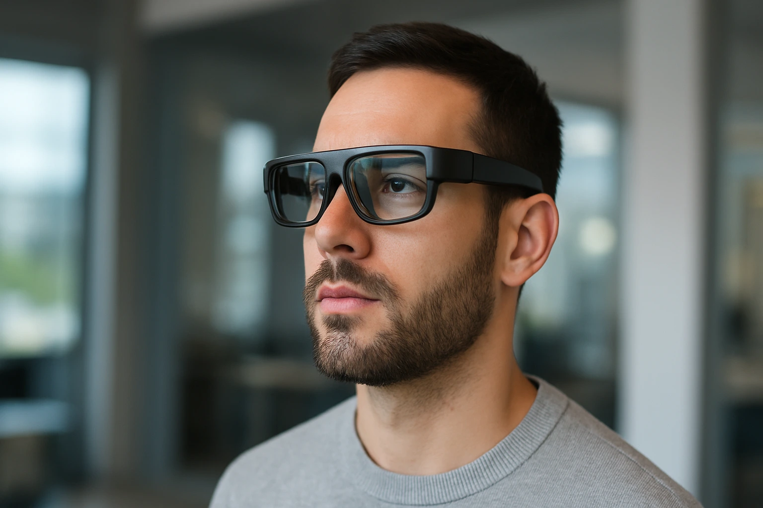 A man wearing sleek Amazon AR glasses with a semi-transparent display, looking focused in a modern office setting.