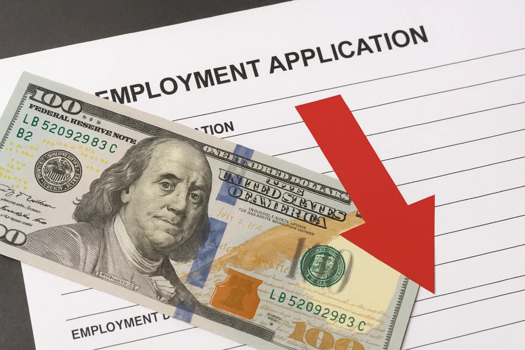 A hundred-dollar bill placed on an employment application form with a red downward arrow, symbolizing a US job market warning sign and slowing economic growth.