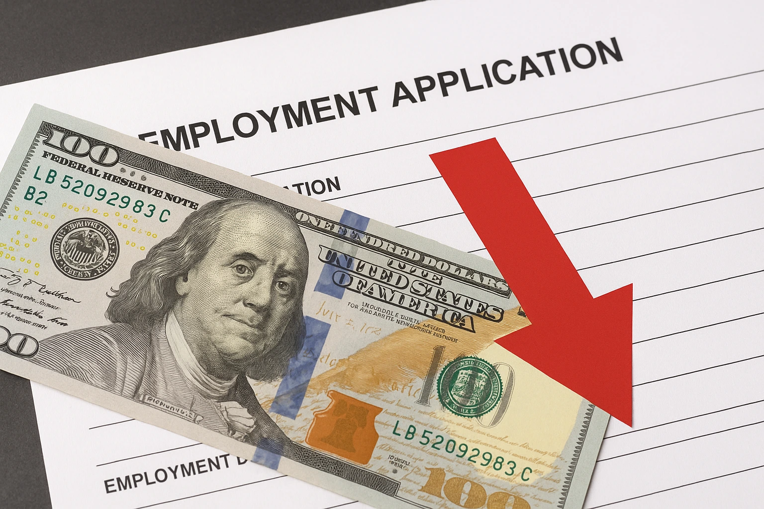 A hundred-dollar bill placed on an employment application form with a red downward arrow, symbolizing a US job market warning sign and slowing economic growth.