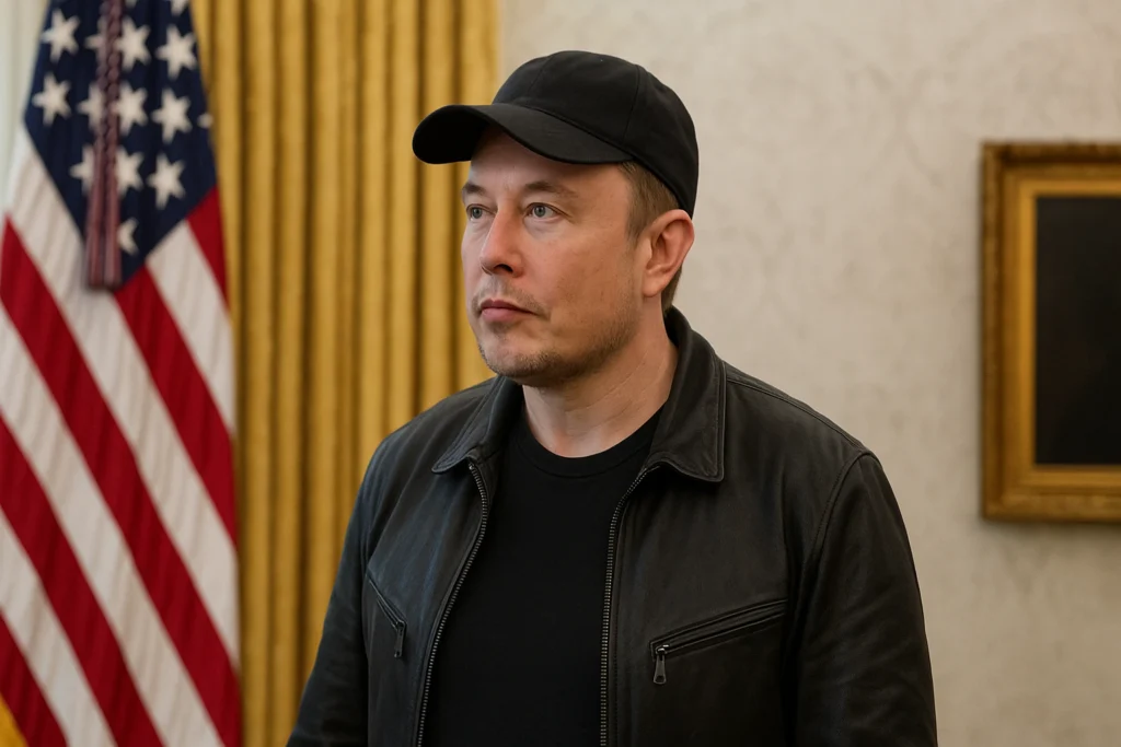 Elon Musk in a black jacket and cap inside the Oval Office, symbolizing his potential $1 trillion Tesla payday.