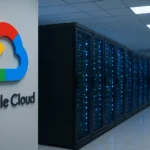 A professional image of a Google Cloud data center with glowing server racks, symbolizing rapid growth and innovation tied to Google Cloud revenue forecast 2025.