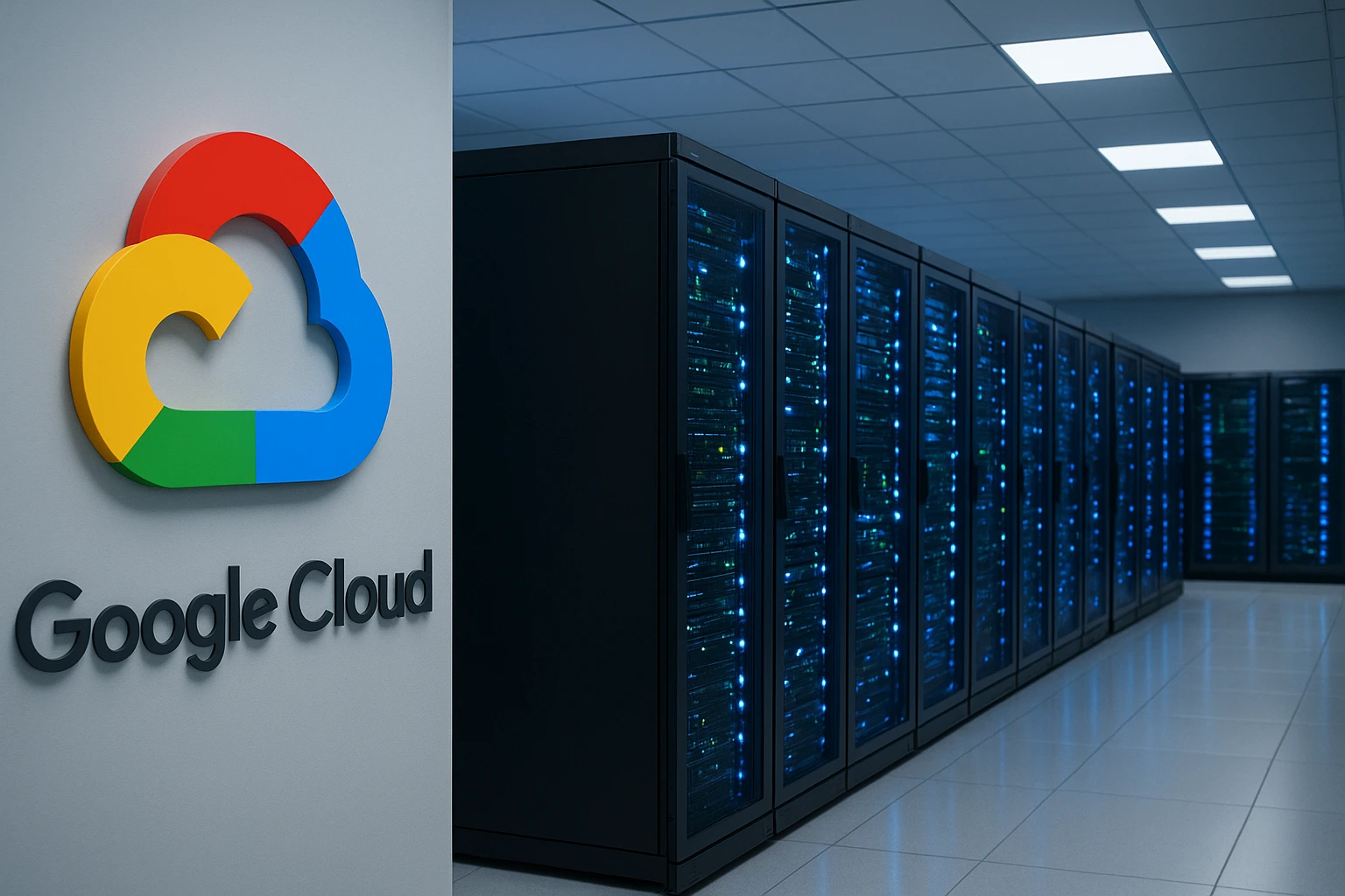 A professional image of a Google Cloud data center with glowing server racks, symbolizing rapid growth and innovation tied to Google Cloud revenue forecast 2025.
