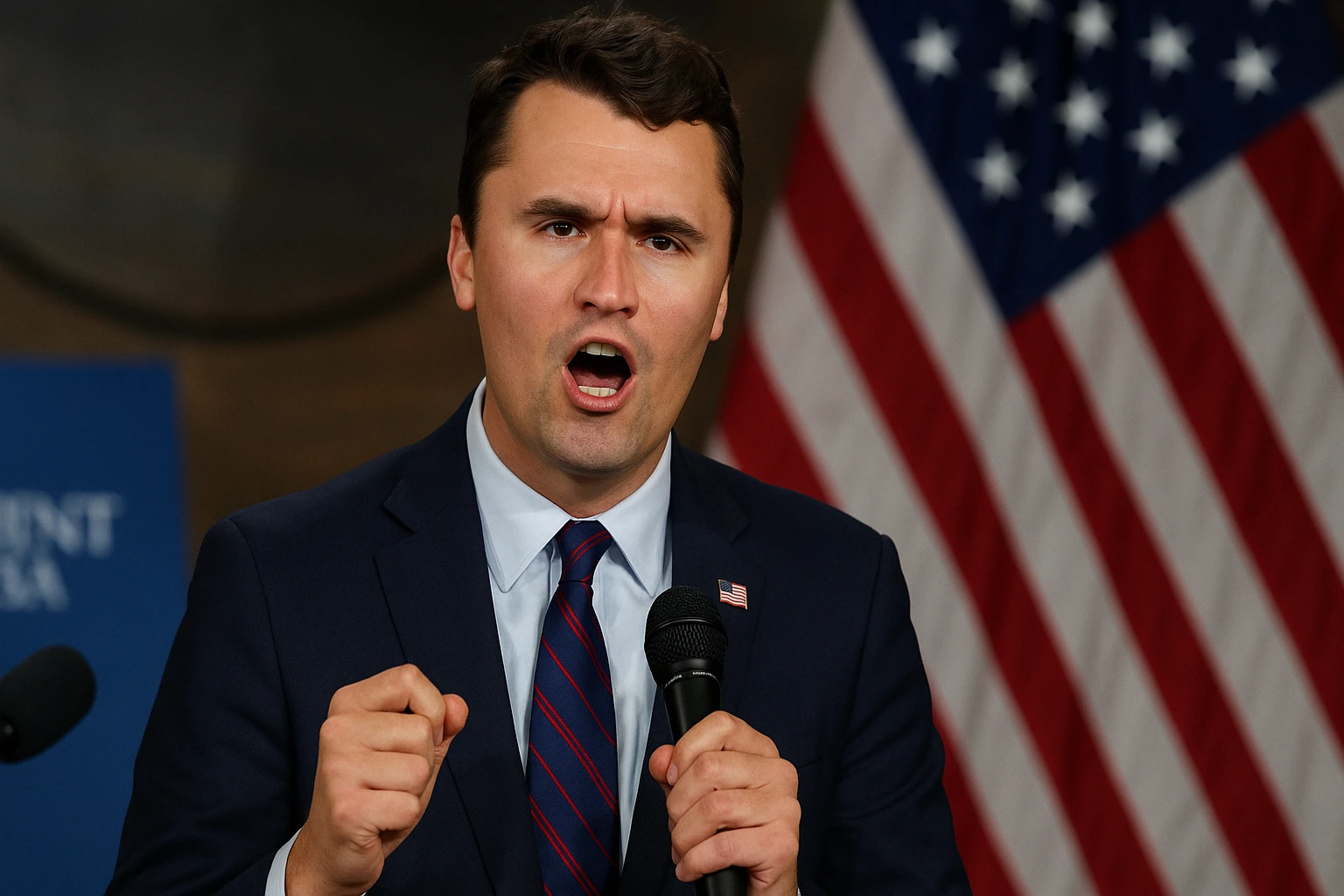 Charlie Kirk conservative activist speaking passionately at a Turning Point USA event with the American flag in the background.