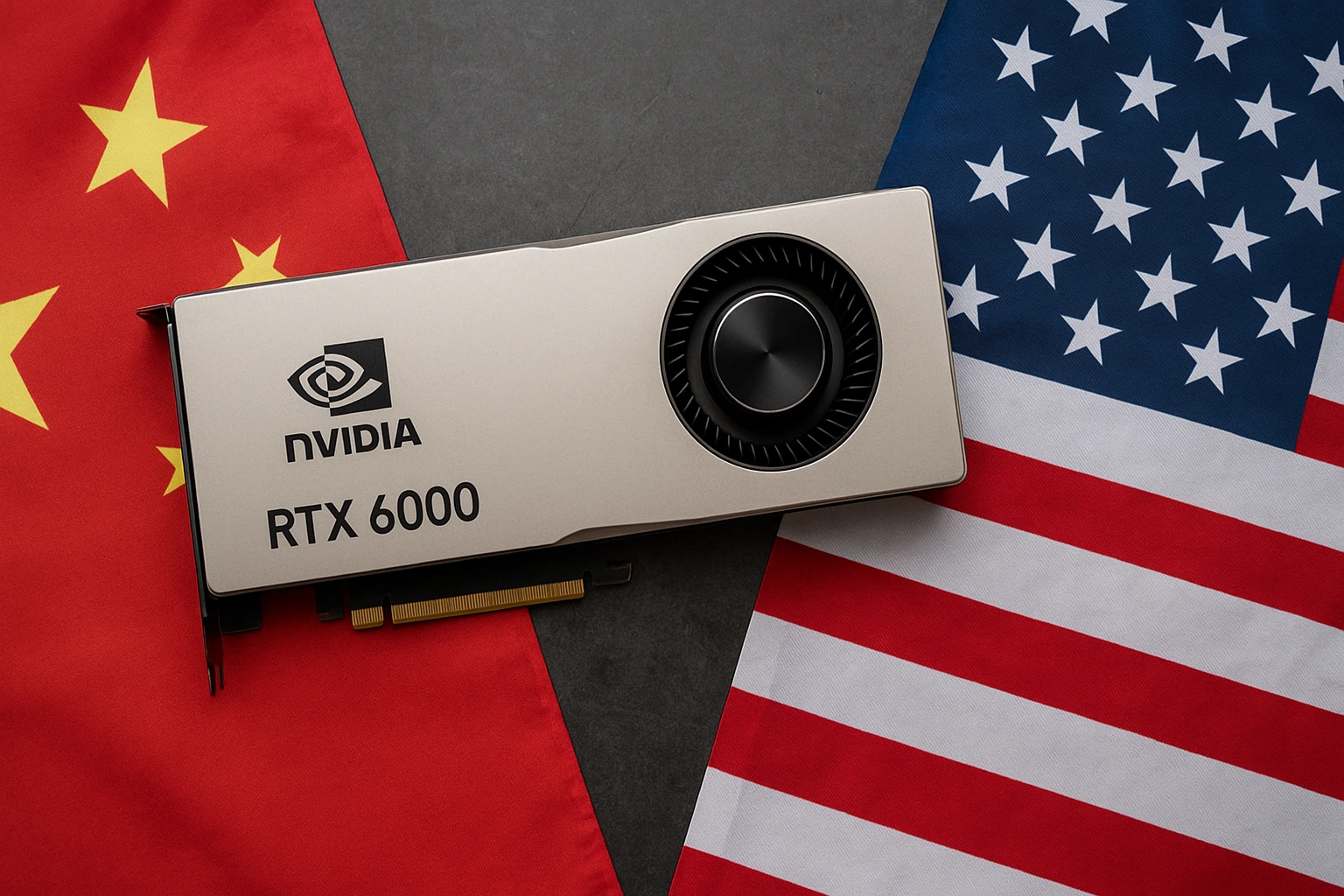 China bans Nvidia AI chips as RTX 6000 GPU placed between Chinese and U.S. flags highlights tech war