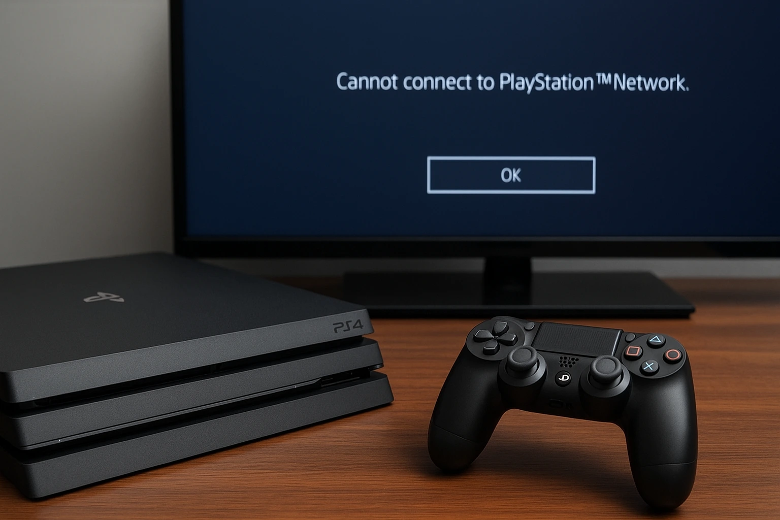 PlayStation 4 console and controller with TV screen showing cannot connect to PlayStation Network error – is PlayStation Network down right now.