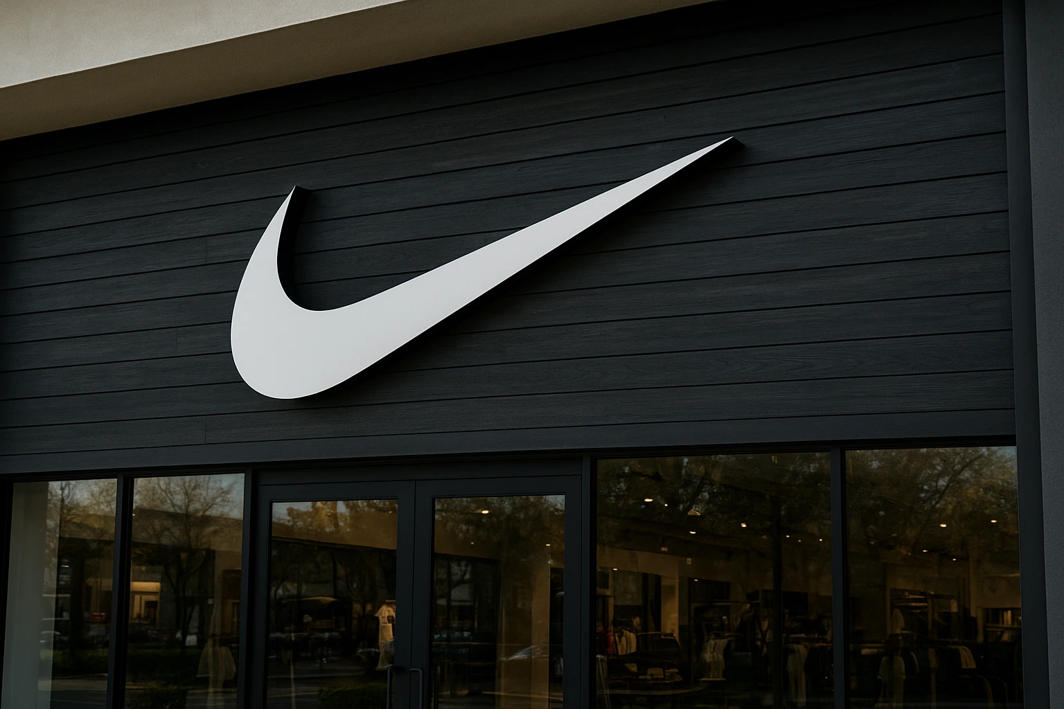 Exterior view of a Nike store with the iconic swoosh logo, representing company performance as Nike profit falls 31 percent.