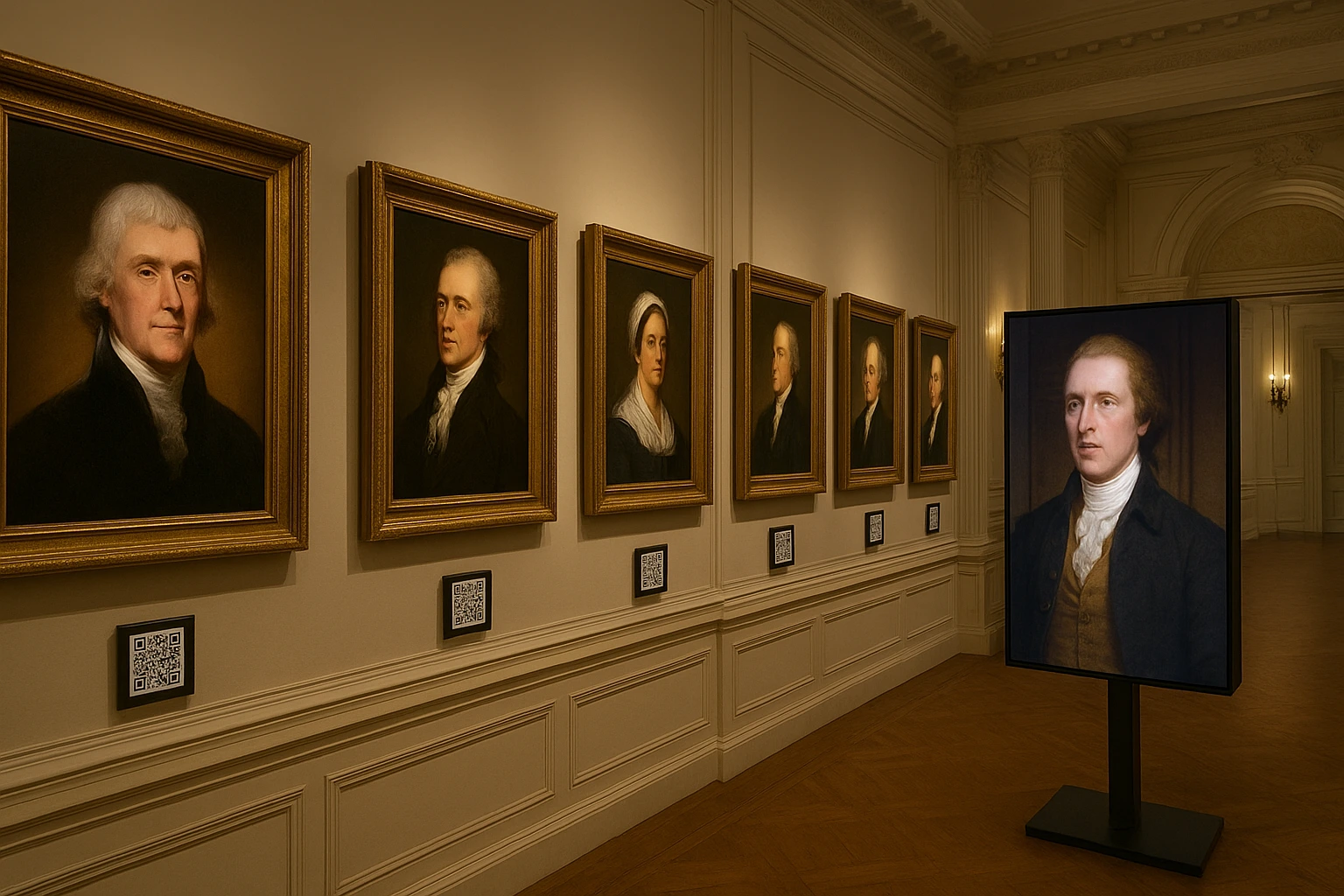 Interactive AI-generated history exhibit at Founders Museum White House PragerU featuring portraits of America’s Founding Fathers.