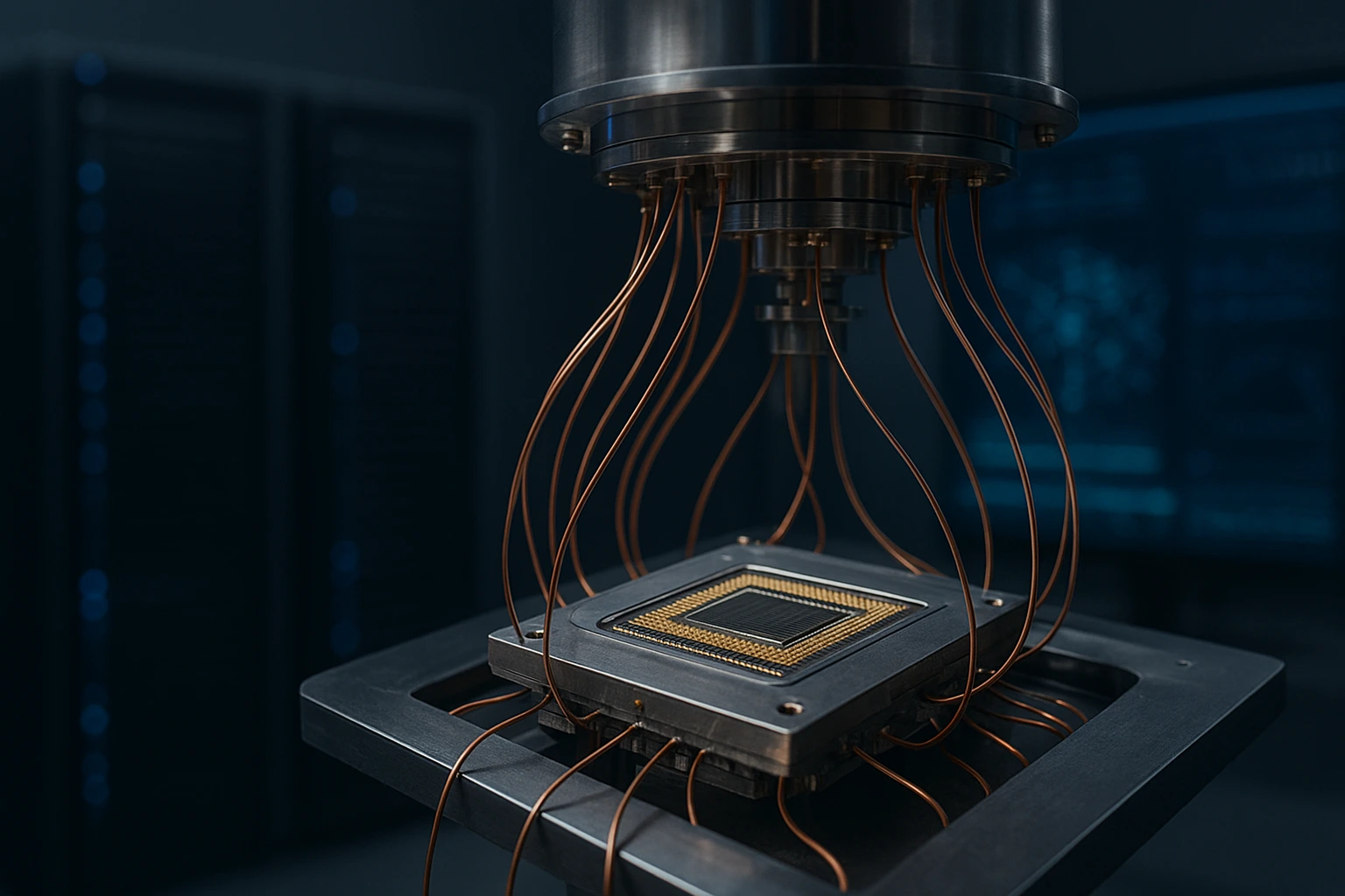 Close-up of a quantum processor connected with copper wires inside a high-performance computing lab, symbolizing Taiwan’s 2026 Quantum HPC Integration project.