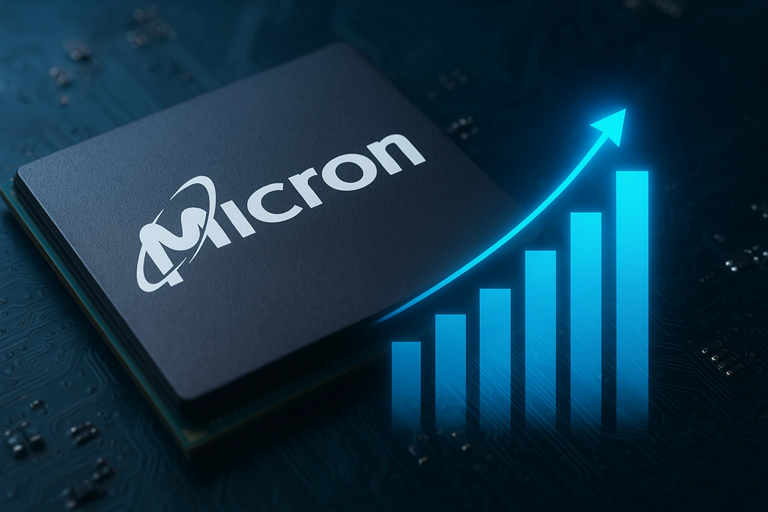 Close-up of Micron chip with rising growth chart symbolizing strong results from the Micron earnings AI boom.