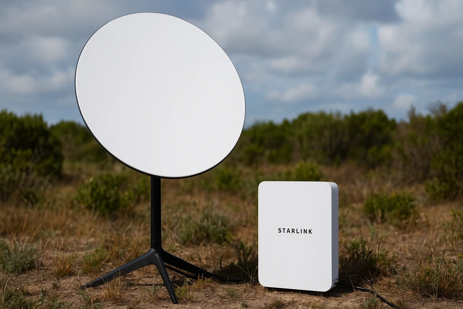 A Starlink satellite dish and modem setup in a rural outdoor field, representing connectivity challenges during the recent Starlink internet down outage.