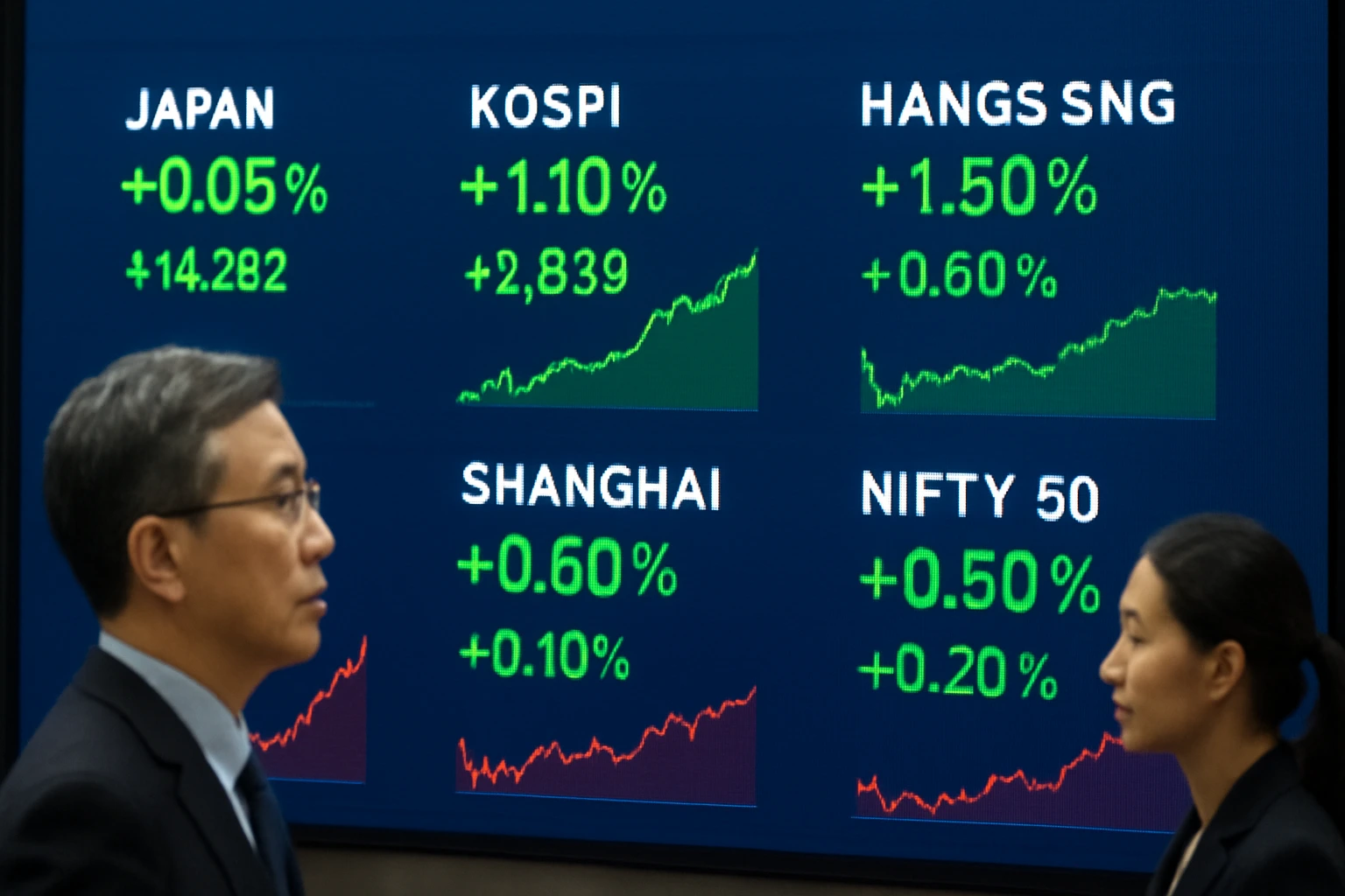 Asian traders watch electronic board showing regional indices as Asia stocks rise on technology rebound ahead of RBA and RBI meetings