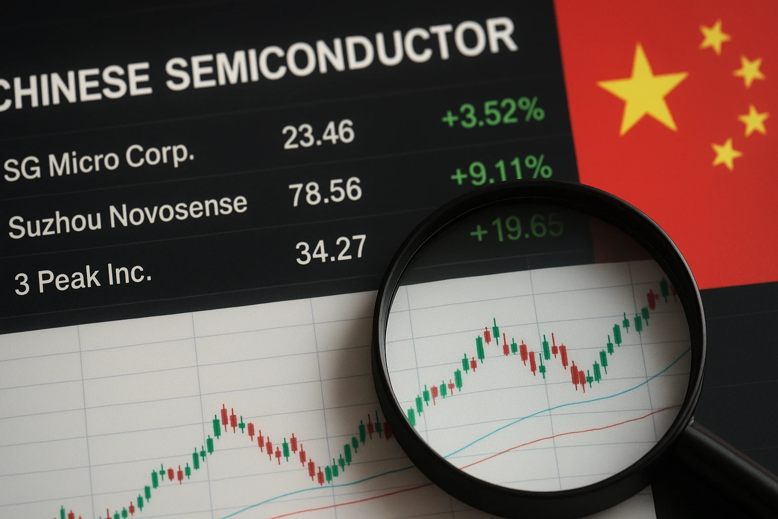 SG Micro Corp stock surge shown on financial chart with rising Chinese semiconductor stocks after Beijing’s anti dumping probe