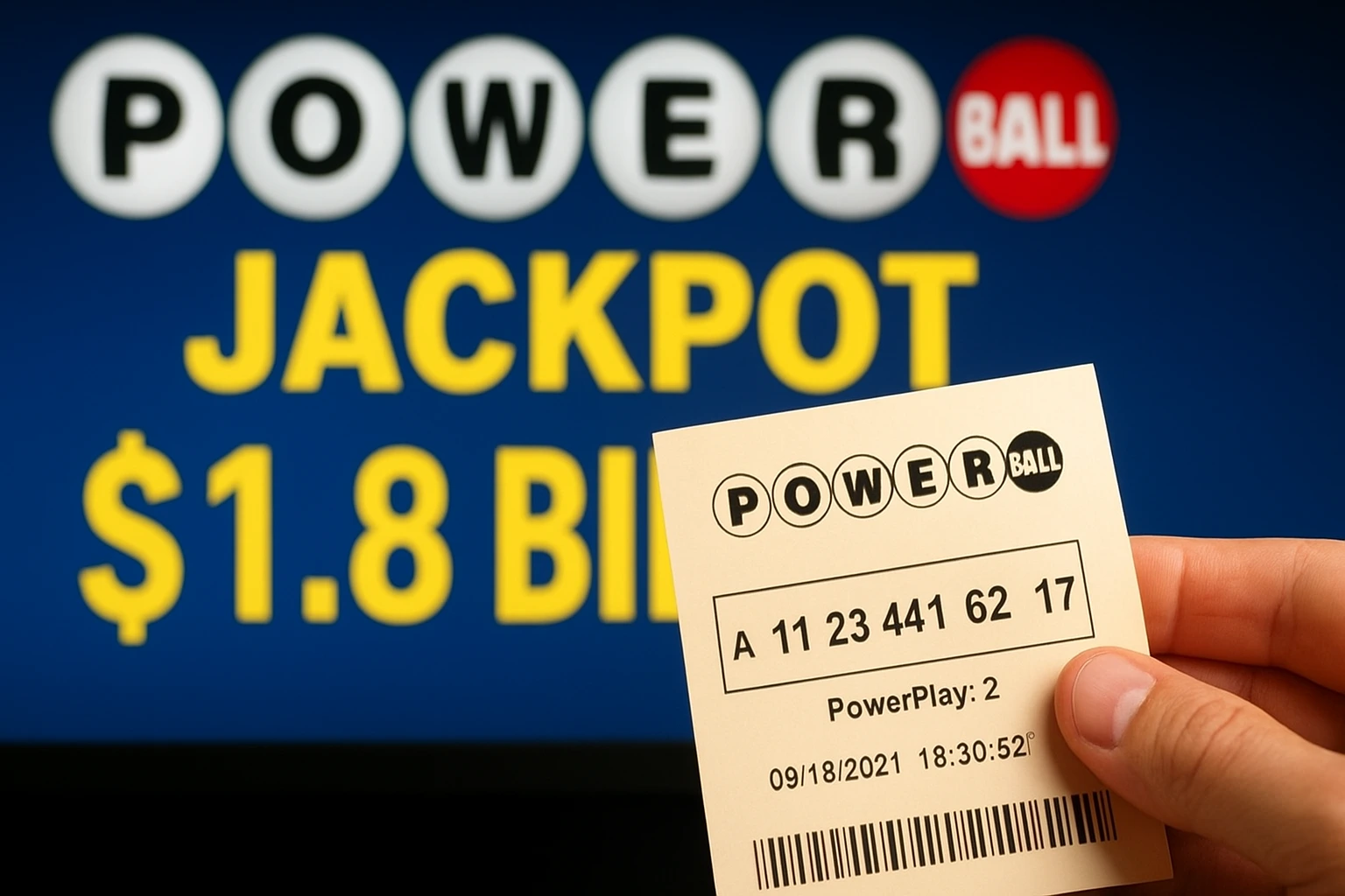 A Powerball ticket held in front of a $1.8 billion jackpot sign, symbolizing Missouri and Texas Powerball winners