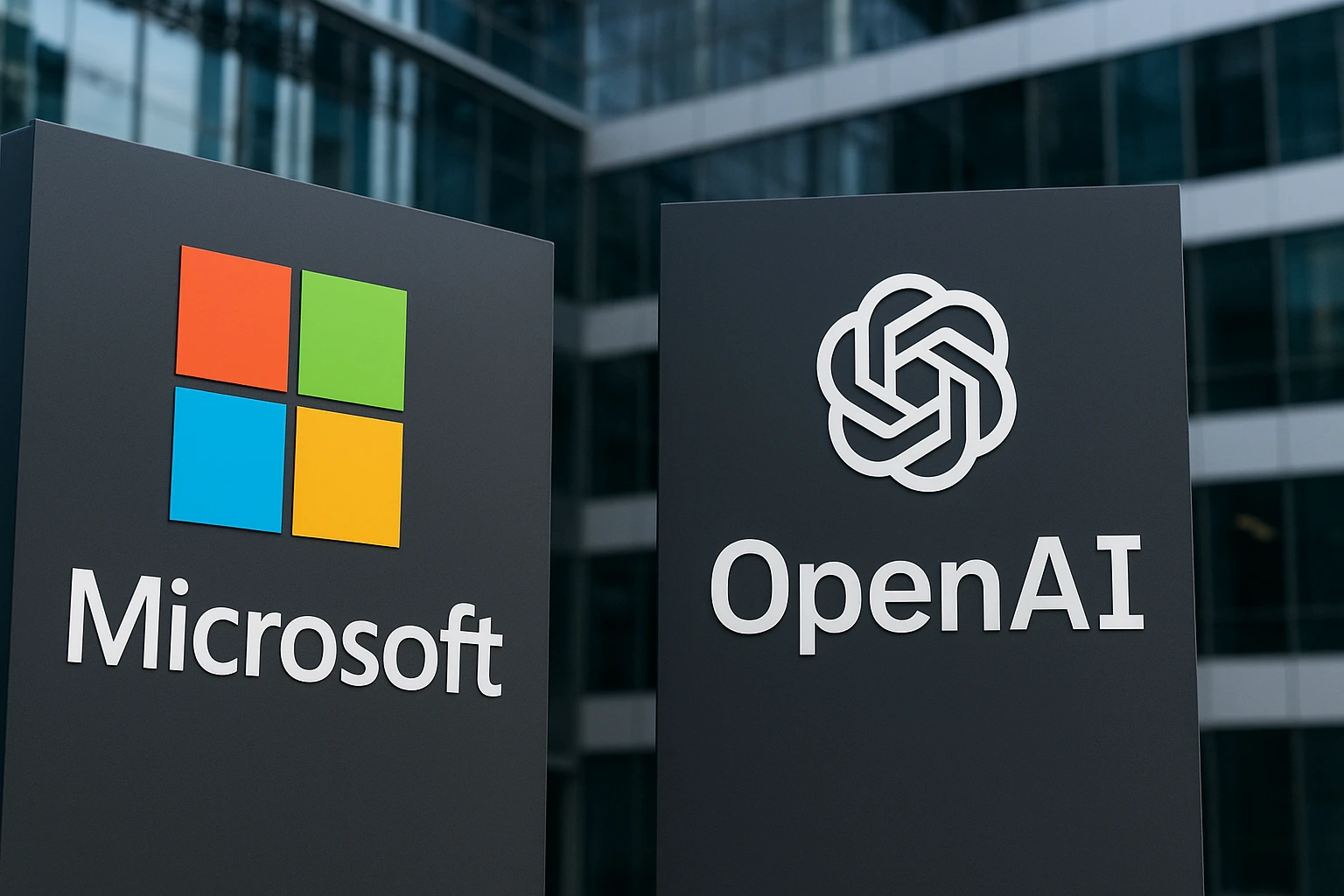 OpenAI and Microsoft logos outside modern glass building highlighting OpenAI Microsoft revenue share partnership.