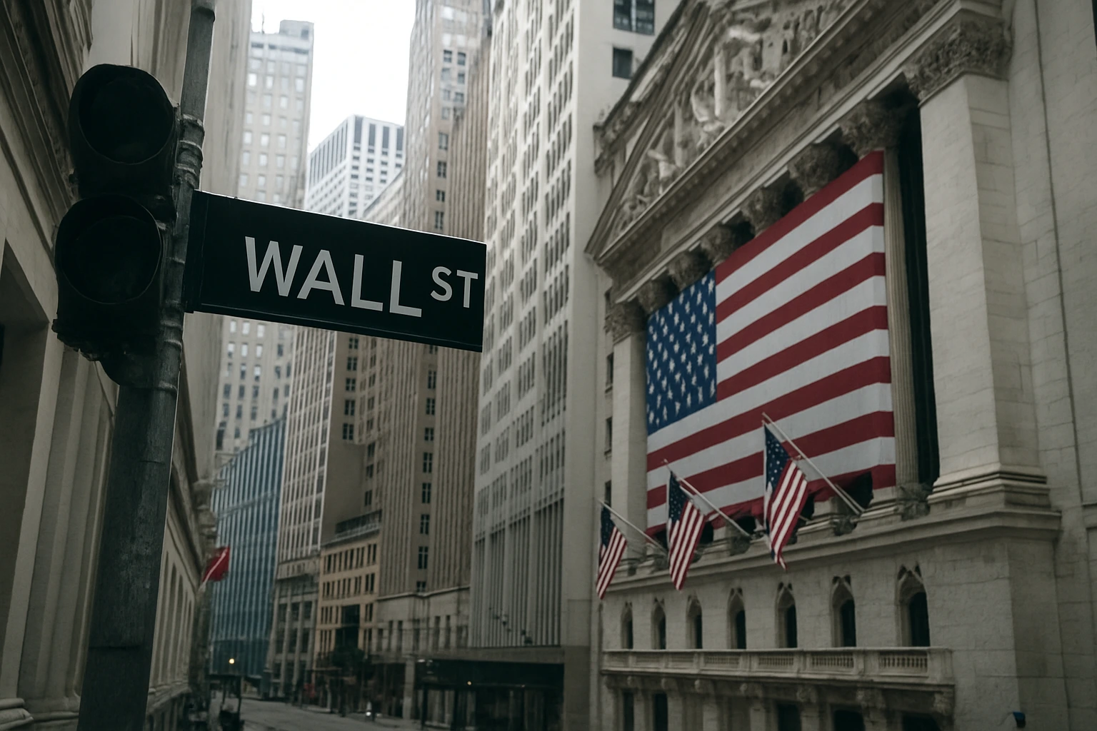 Wall Street view with New York Stock Exchange building and American flags during uncertainty over US government shutdown 2025.