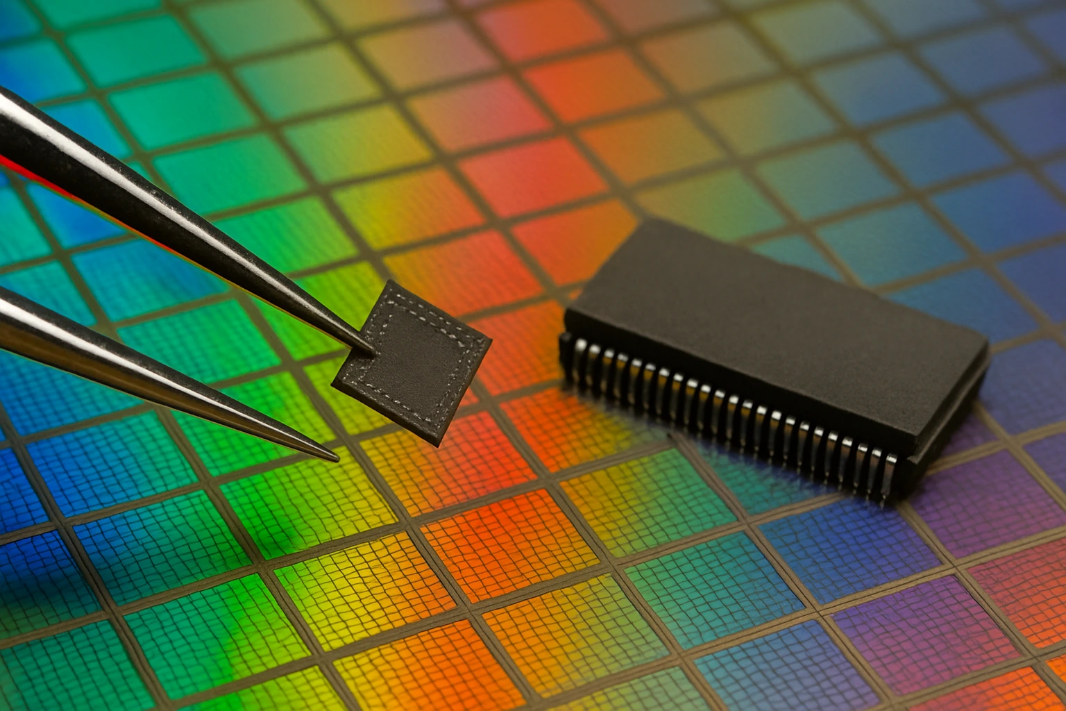 Close-up of semiconductor wafer and microchip during China investigation – US chipmakers under probe.