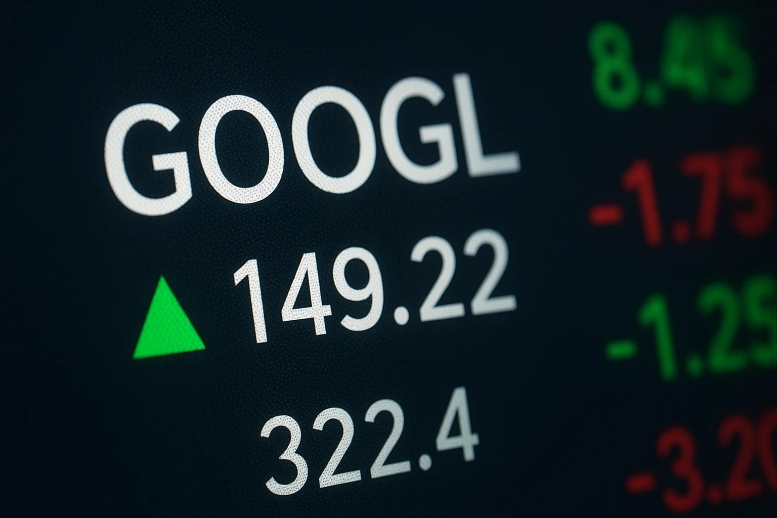 Digital display showing GOOGL ticker with rising numbers, representing positive Google stock news.