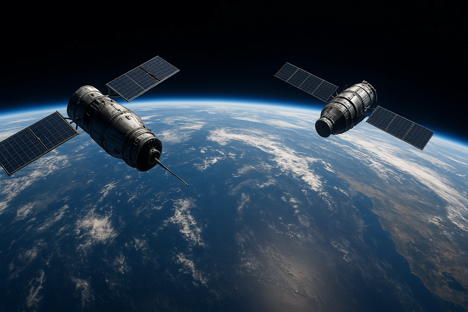 Two Russian satellites shadowing another satellite above Earth, highlighting space security threats