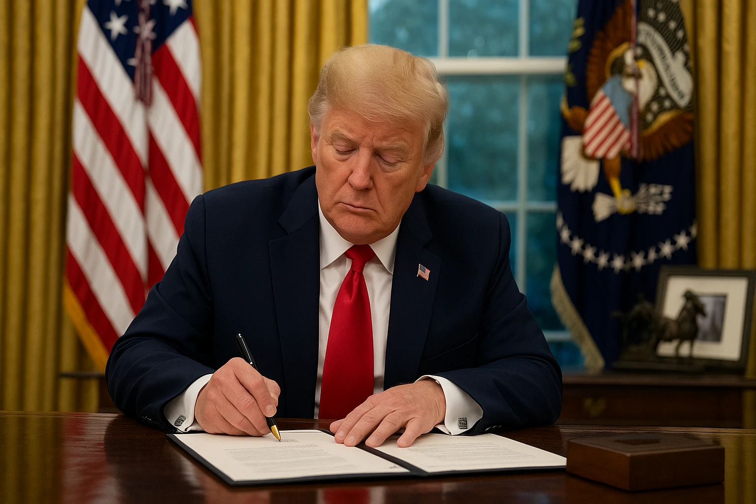 Former President Donald Trump signing an executive order in the Oval Office after TikTok ban deadline extended.