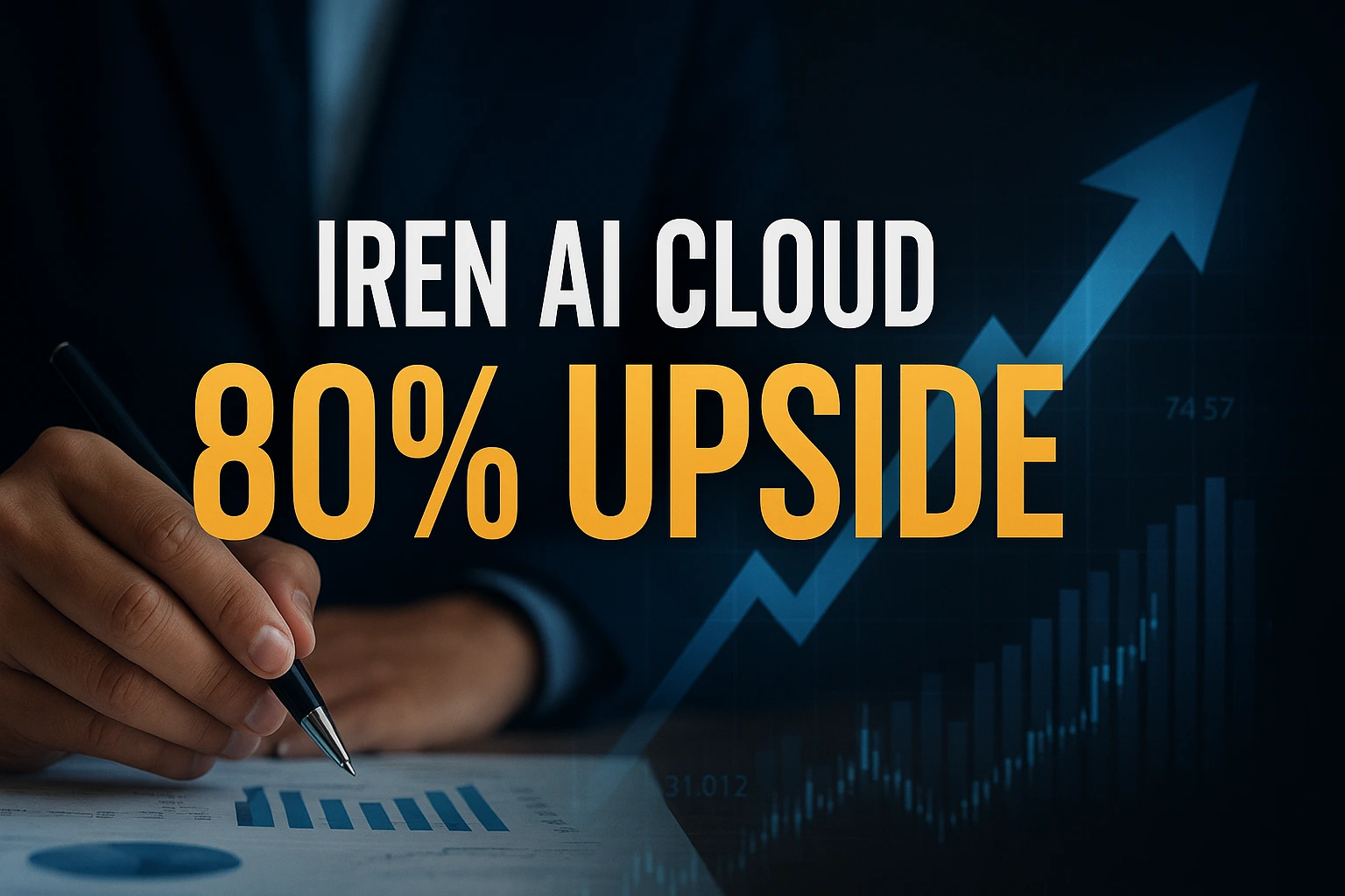Professional financial chart with upward arrow showing growth of IREN AI cloud and 80% upside potential.