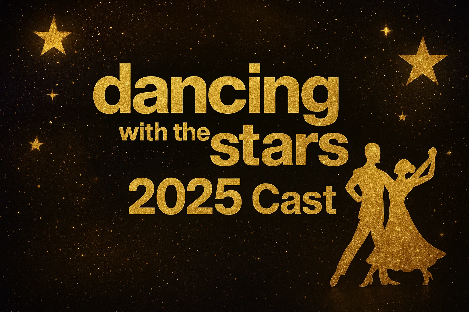 Golden-themed promotional poster highlighting the Dancing with the Stars 2025 cast for Season 34 with a ballroom couple silhouette.