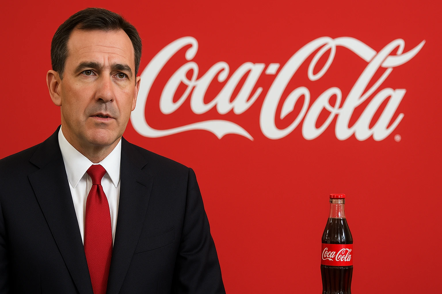 Coca Cola executive stands before the company logo ahead of Coca Cola Q3 2025 earnings announcement.