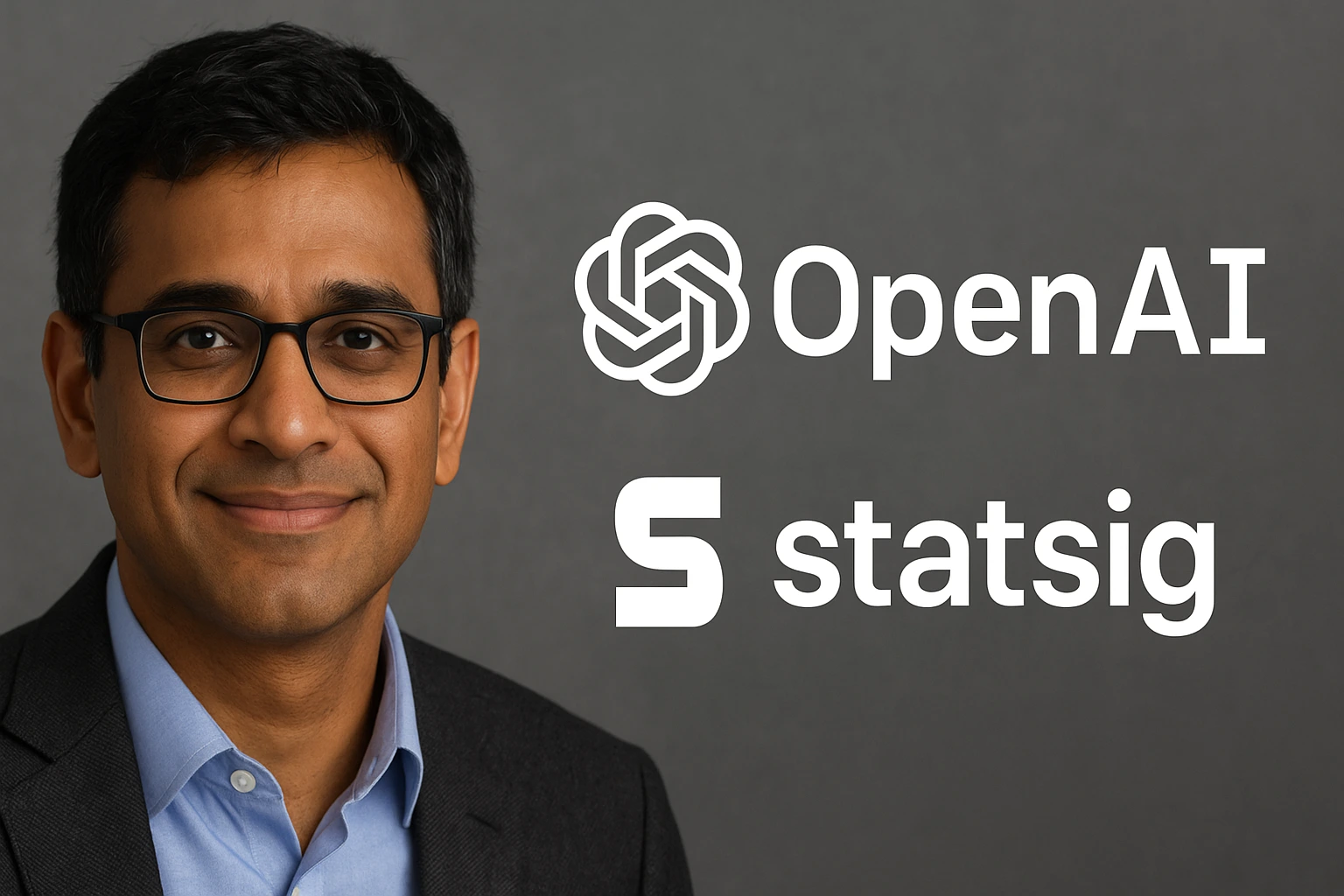 Professional photo of Vijaye Raji with OpenAI and Statsig logos highlighting OpenAI to buy Statsig deal.
