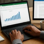 A professional using Microsoft Excel and Word with AI-powered automation under Microsoft vibe working concept.