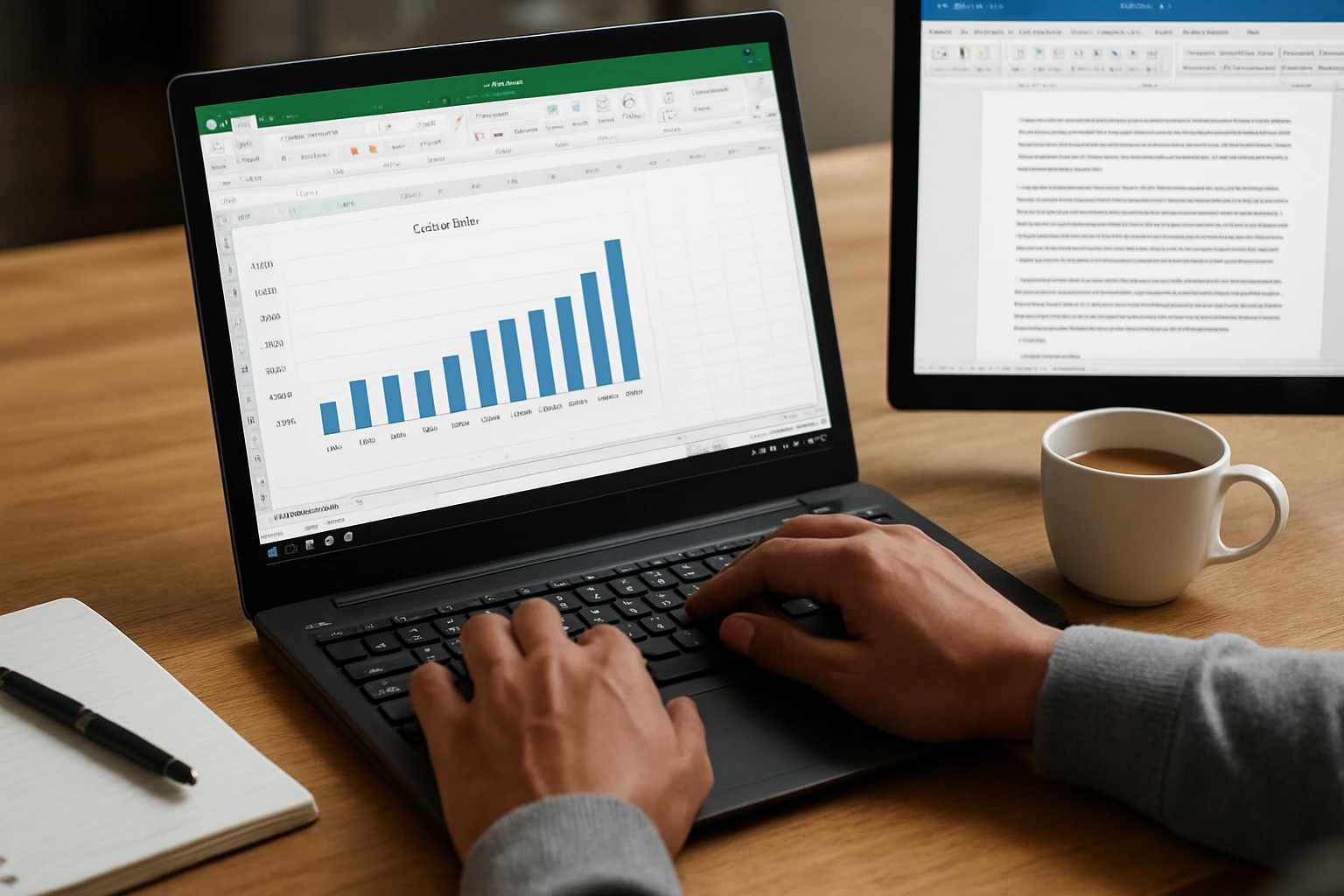 A professional using Microsoft Excel and Word with AI-powered automation under Microsoft vibe working concept.