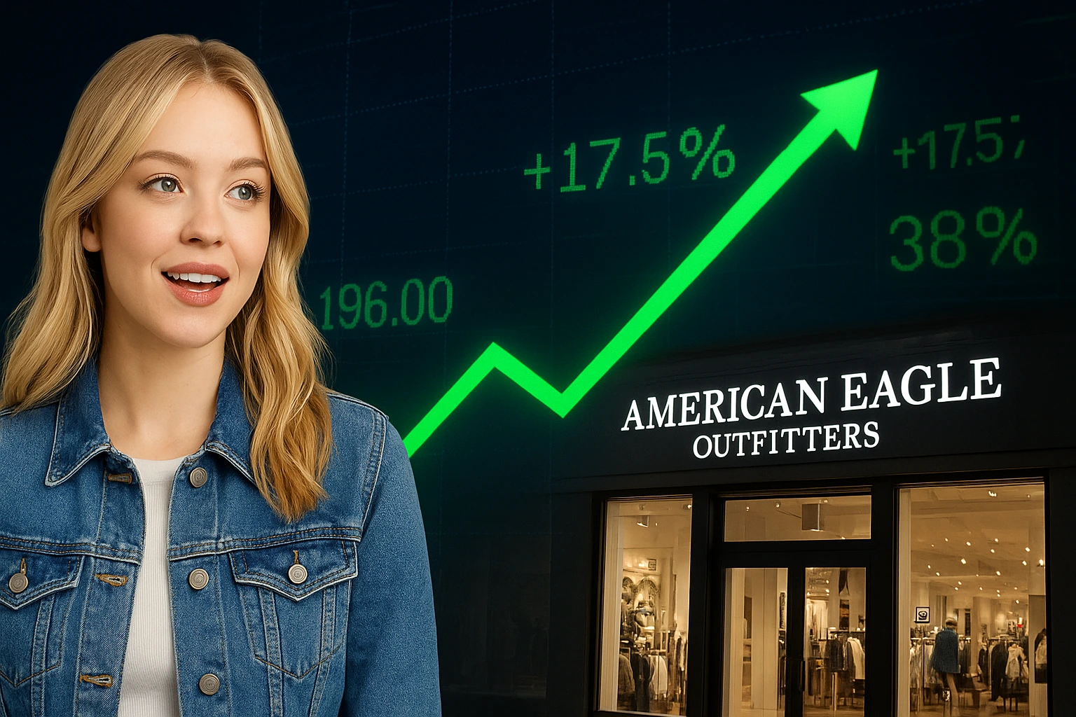 Professional image showing American Eagle store, denim fashion, and a rising stock chart representing American Eagle stock jump today.