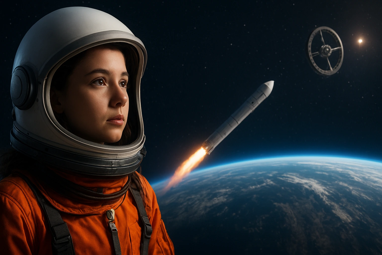 A young astronaut in an orange spacesuit looking toward space with Earth, a rocket, and a space station in the background, symbolizing Gen Z jobs in space.