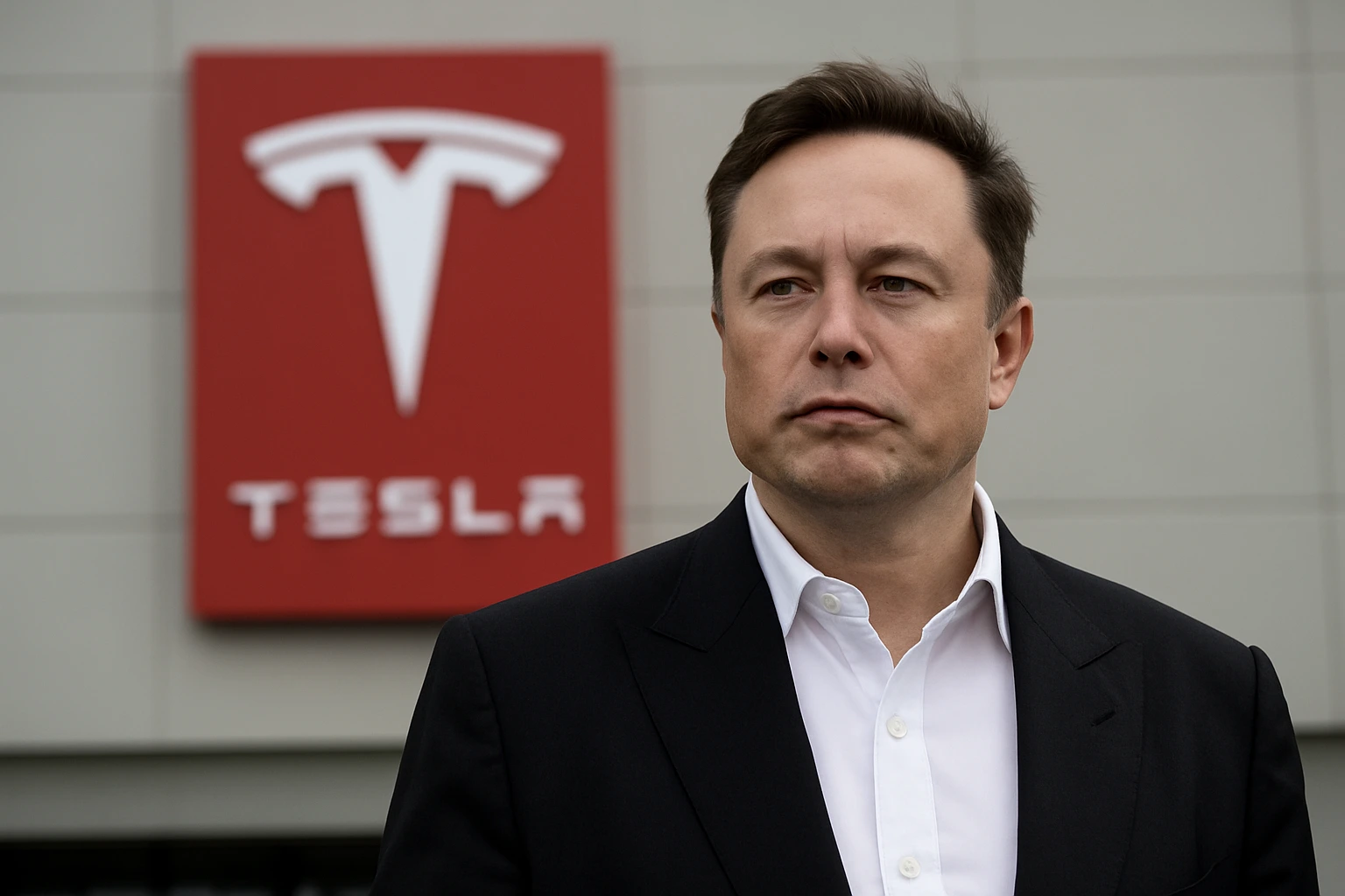 Elon Musk buys Tesla stock worth $1 billion, standing in front of Tesla logo after major investment.