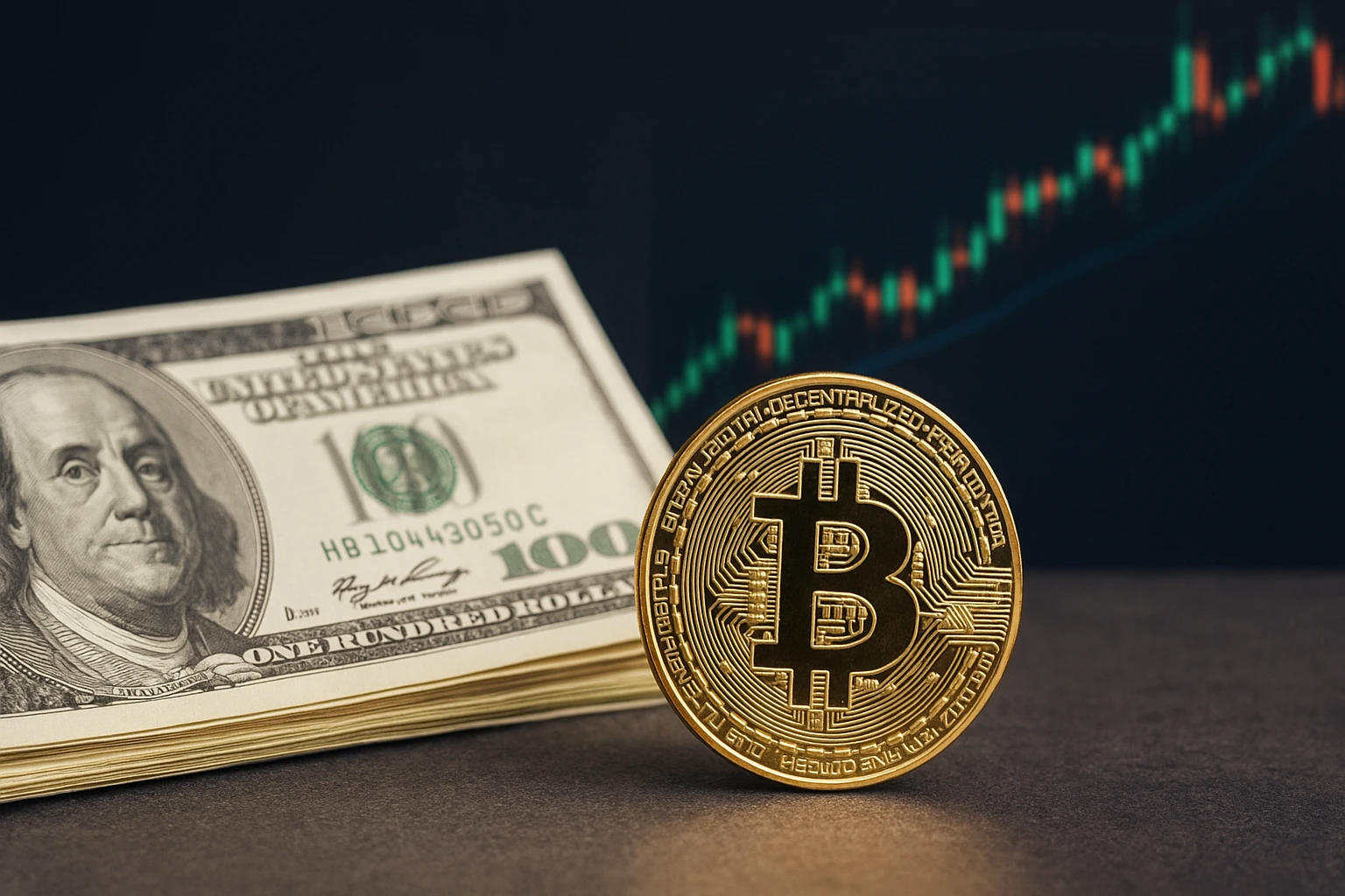 A realistic photo showing a gold Bitcoin coin beside US dollar bills with a financial chart in the background, representing the US Core PCE Bitcoin impact on inflation and crypto markets.