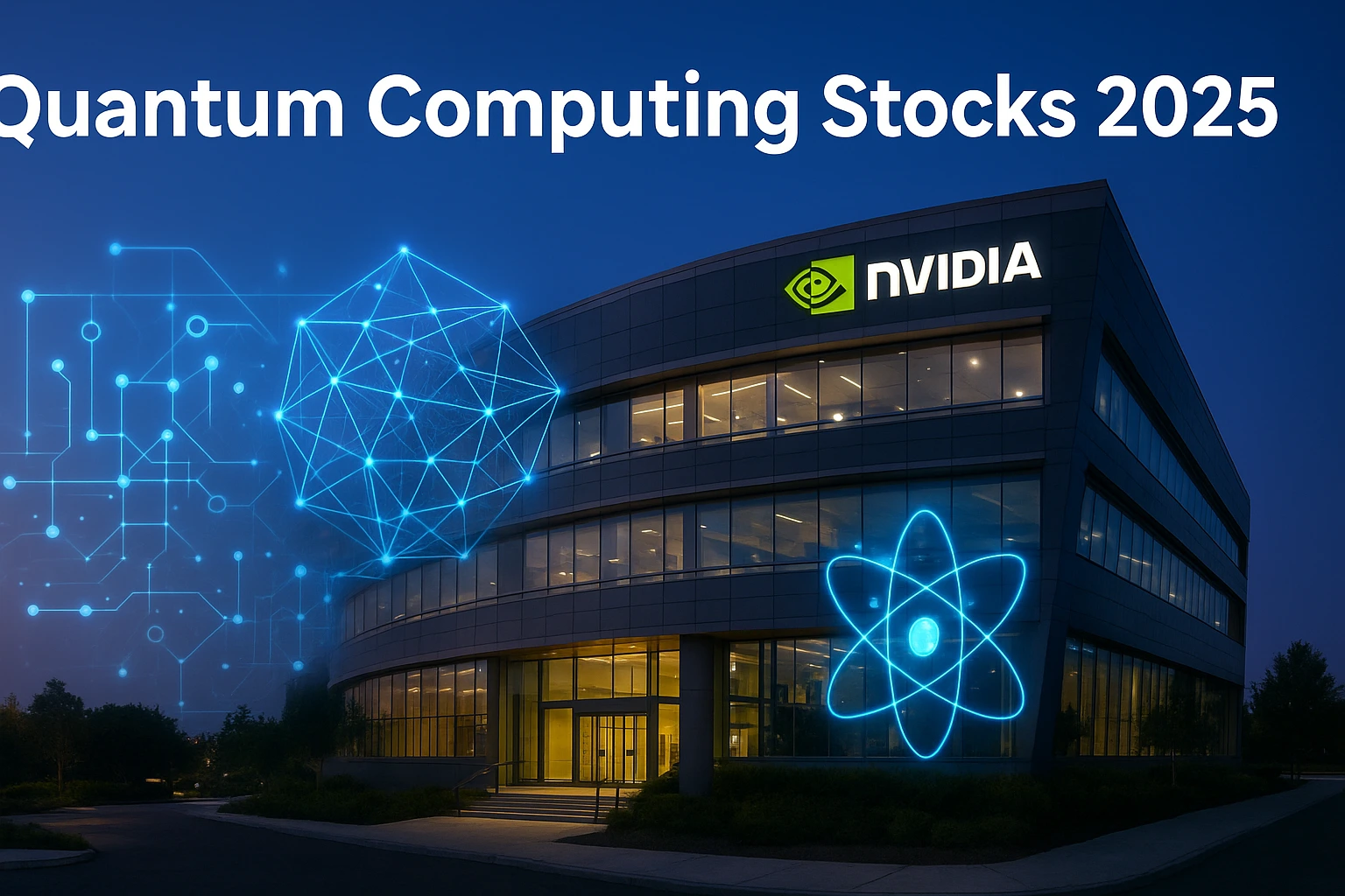 Nvidia headquarters with futuristic quantum computing visuals highlighting major investments in startups, symbolizing growth in Quantum Computing Stocks 2025.