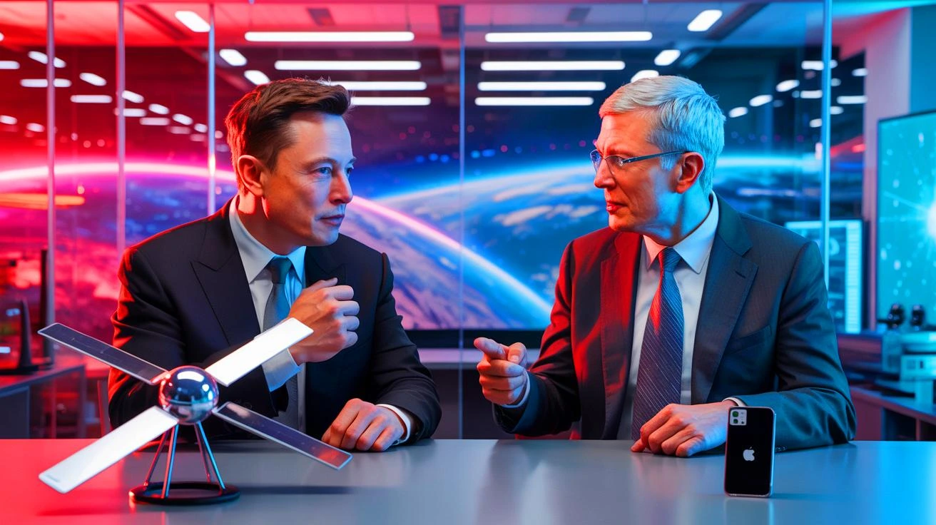 A professional realistic photo of Elon Musk and Tim Cook in a tense business meeting discussing the rejected $5 billion Elon Musk Starlink Apple deal.