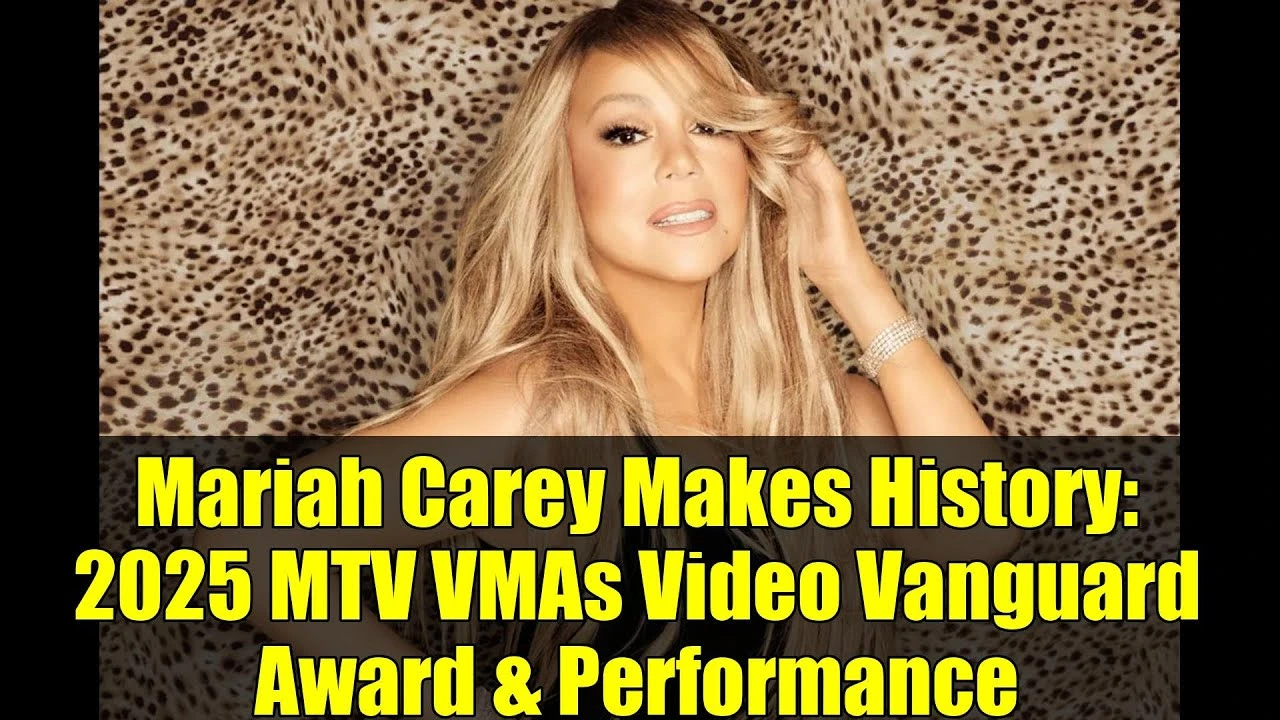 Mariah Carey poses elegantly against a leopard print background, celebrating her historic Mariah Carey Video Vanguard Award 2025 at the MTV VMAs.