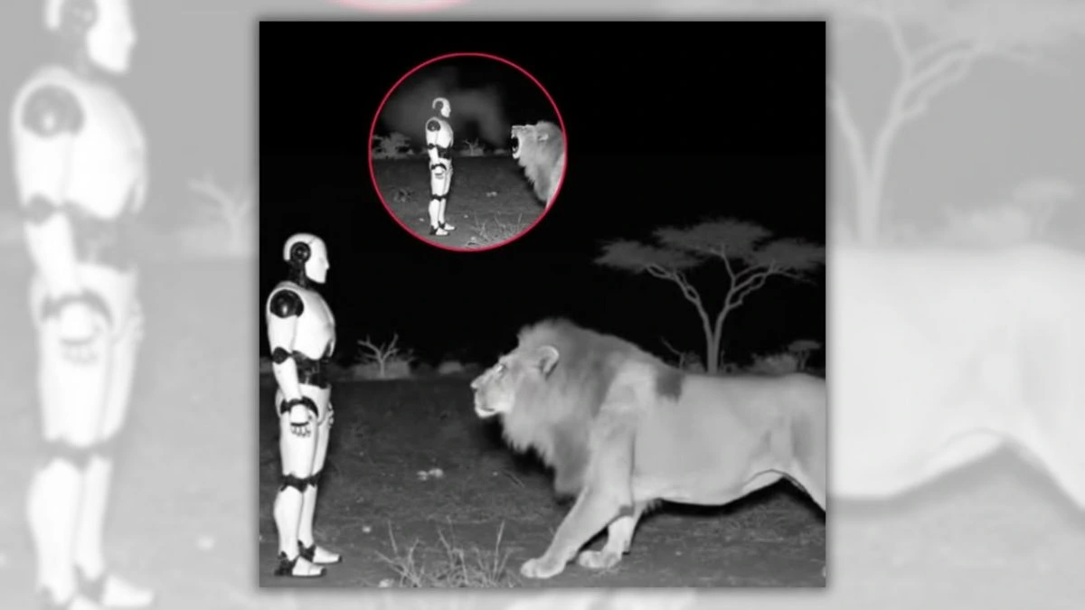 AI robot facing a lion at night in African savannah, illustrating the viral AI robot lion myth