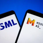 Logos of ASML and Mistral AI displayed on smartphone screens, representing the landmark deal as ASML invests in Mistral AI to strengthen Europe’s AI ambitions.
