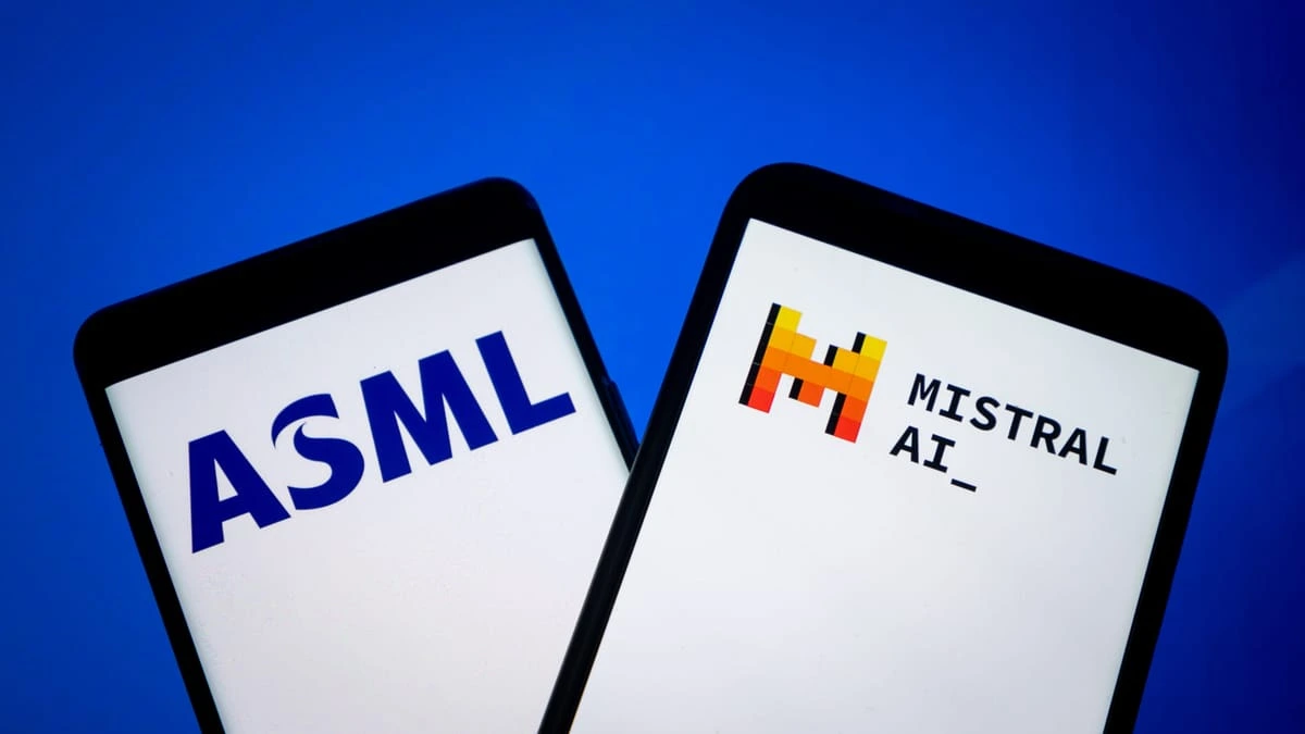 Logos of ASML and Mistral AI displayed on smartphone screens, representing the landmark deal as ASML invests in Mistral AI to strengthen Europe’s AI ambitions.