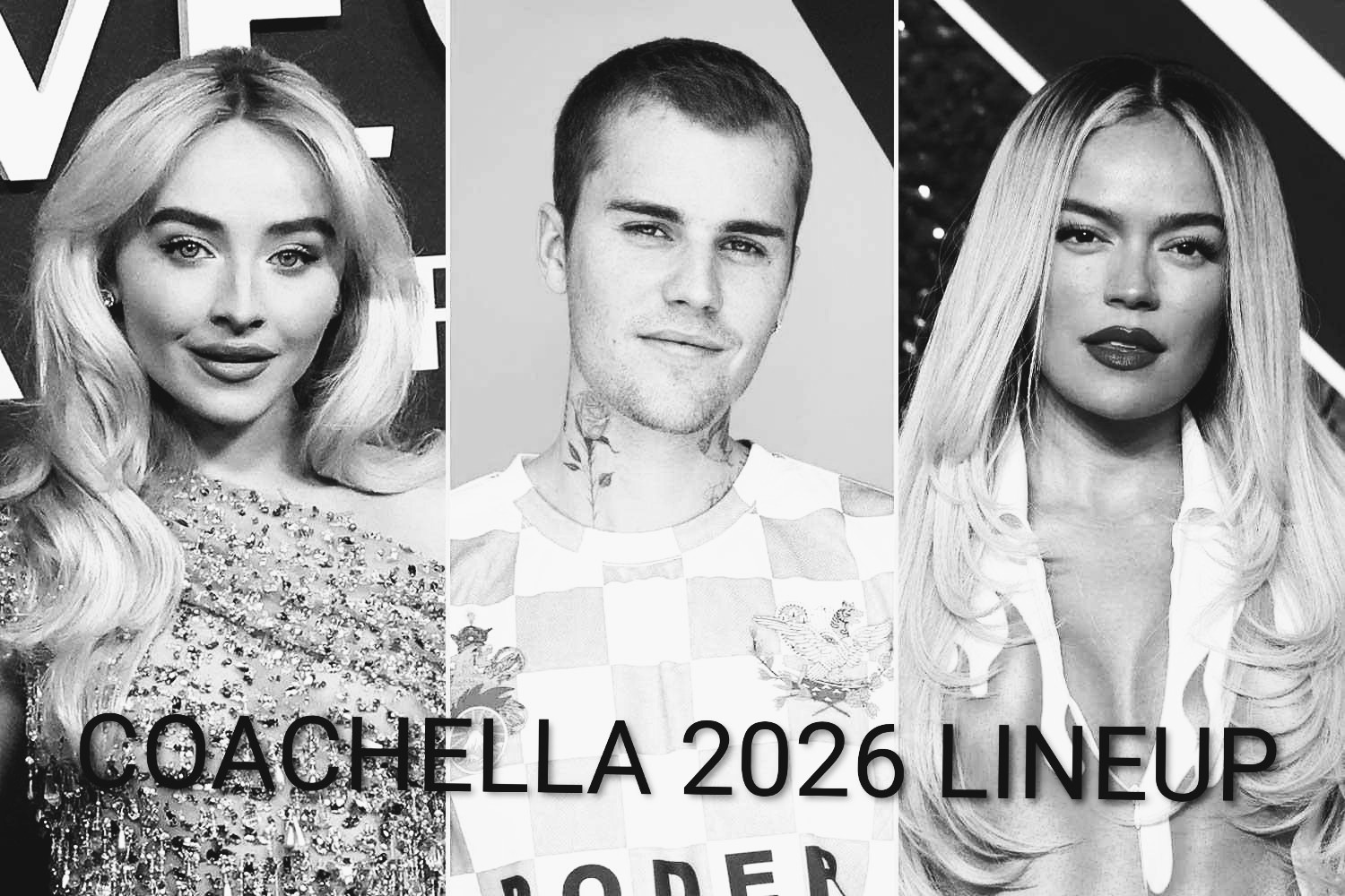 Justin Bieber, Karol G, and Sabrina Carpenter featured in the official Coachella 2026 lineup announcement poster with desert sunset and palm trees.