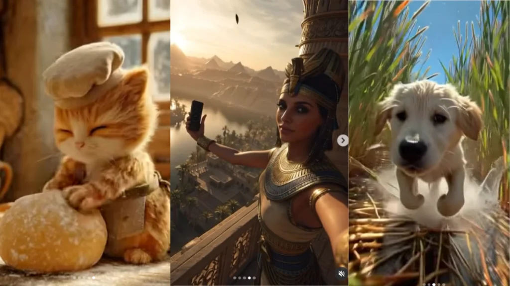 AI-generated visuals from Meta AI Vibes Feed featuring a cute fluffy cat kneading dough, an Egyptian princess taking a selfie, and a dog running through a field.