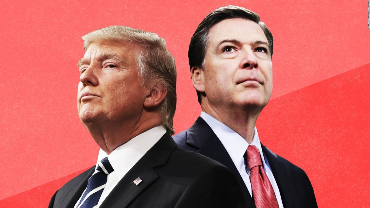 Former President Donald Trump speaks during a meeting with serious expressions from former FBI Director James Comey and Attorney General Pam Bondi, symbolizing the Trump administration’s push to prosecute James Comey.
