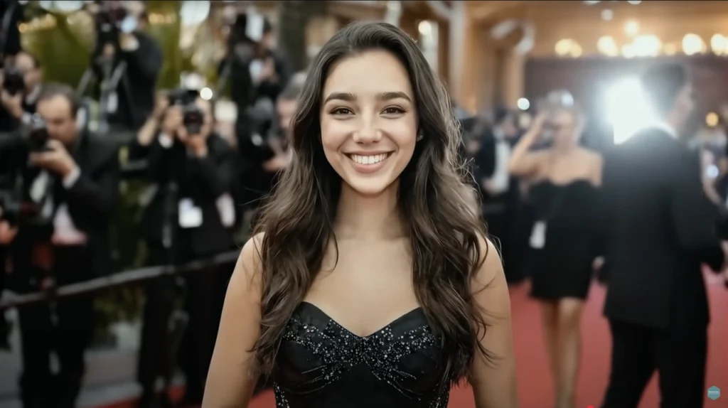 AI actor Tilly Norwood smiling on the red carpet surrounded by photographers at a Hollywood premiere event.