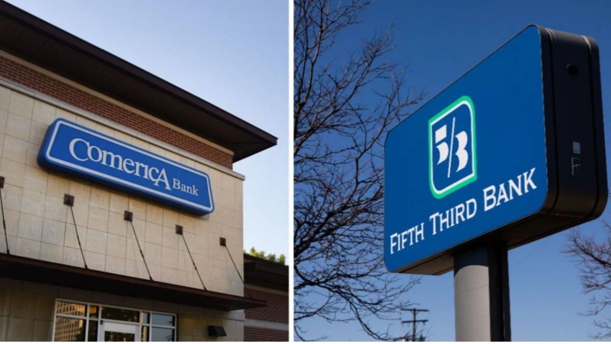 Logos of Comerica Bank and Fifth Third Bank side by side, representing the $10.9 billion all-stock Fifth Third Comerica deal.