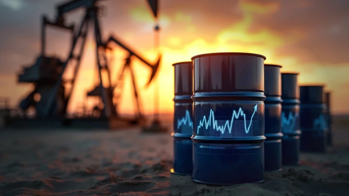 Oil barrels and drilling rigs at sunset symbolize market optimism after smaller-than-expected OPEC+ output hike.