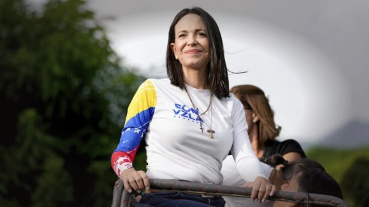 Maria Corina Machado speaking at a political rally after winning the 2025 Nobel Peace Prize in Venezuela