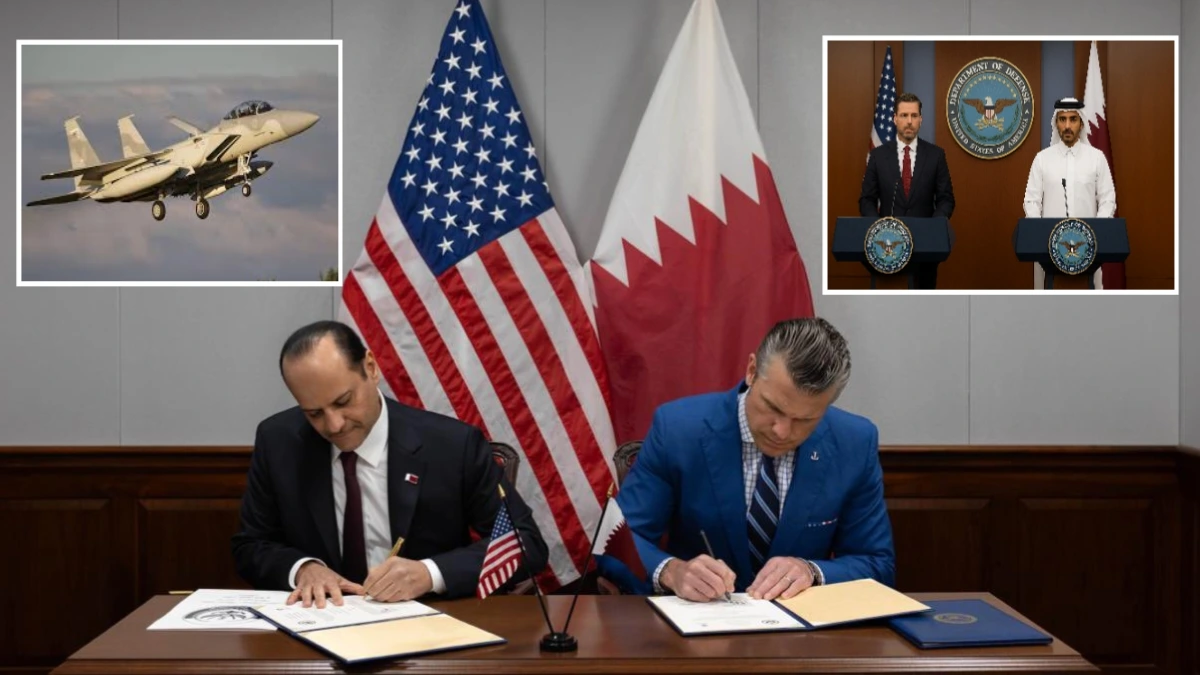 Defense Secretary Pete Hegseth and Qatari Defense Minister Sheikh Saoud bin Abdulrahman Al Thani announce the new Qatari Air Force facility at the Pentagon, standing at podiums with U.S. and Qatari flags behind them.