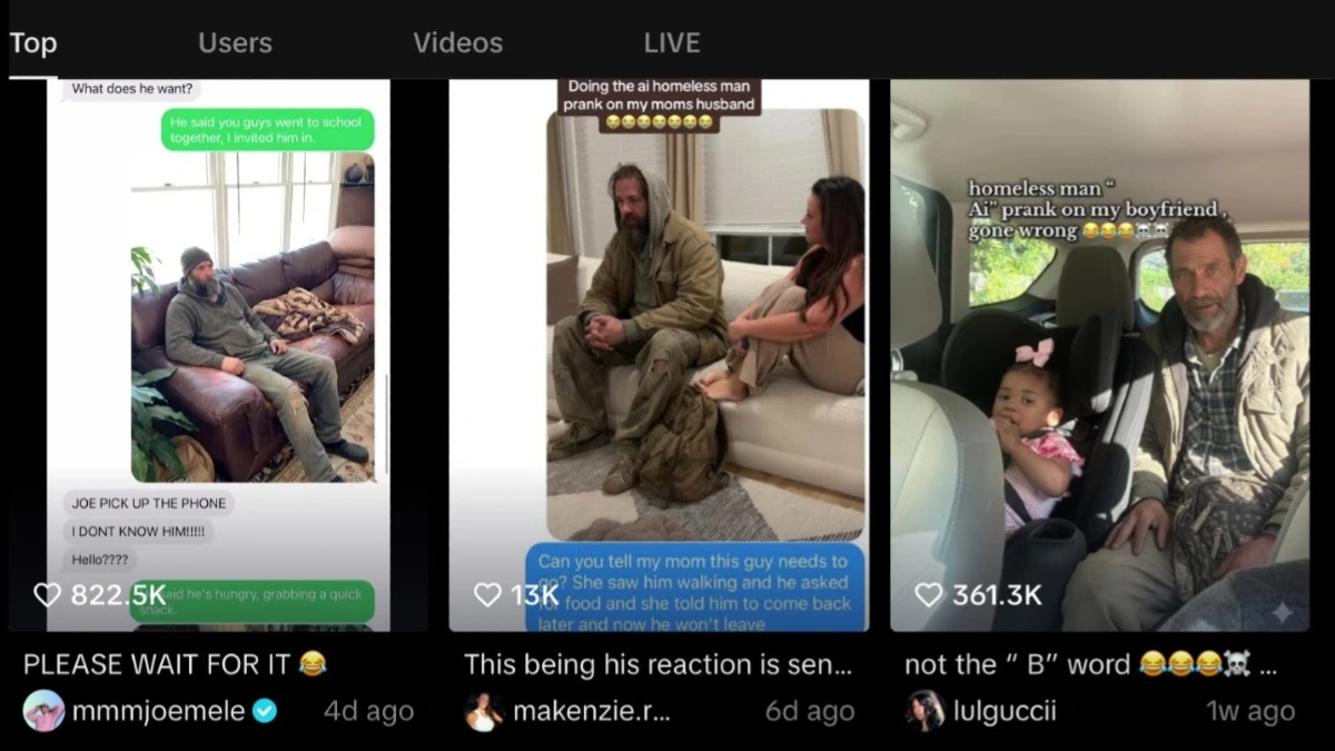 Screenshots from TikTok videos showing the viral AI homeless man TikTok prank, where users share AI-generated images of a homeless man inside homes and cars.