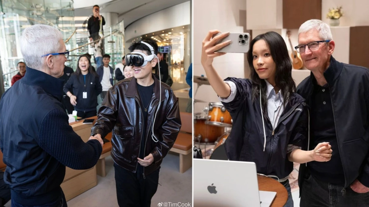 Apple CEO Tim Cook China visit during iPhone Air launch event, meeting local customers and showcasing Apple technology in Beijing store.